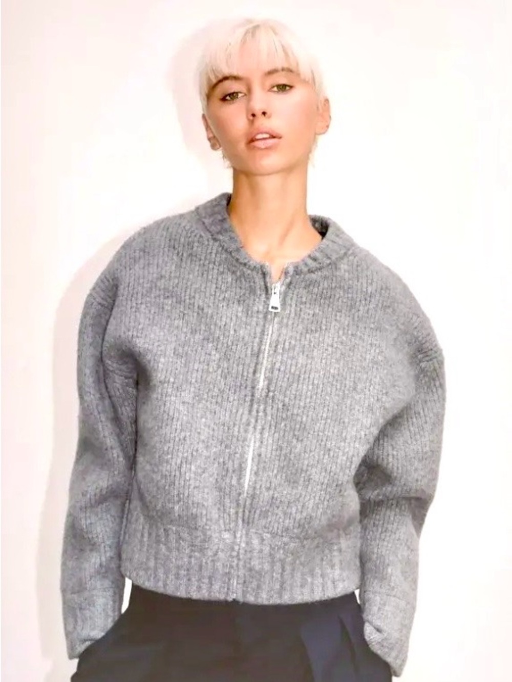 Zara Sz S Cropped Knit Bomber Jacket Cardigan Popular Gray Marl 2142/207/803/S